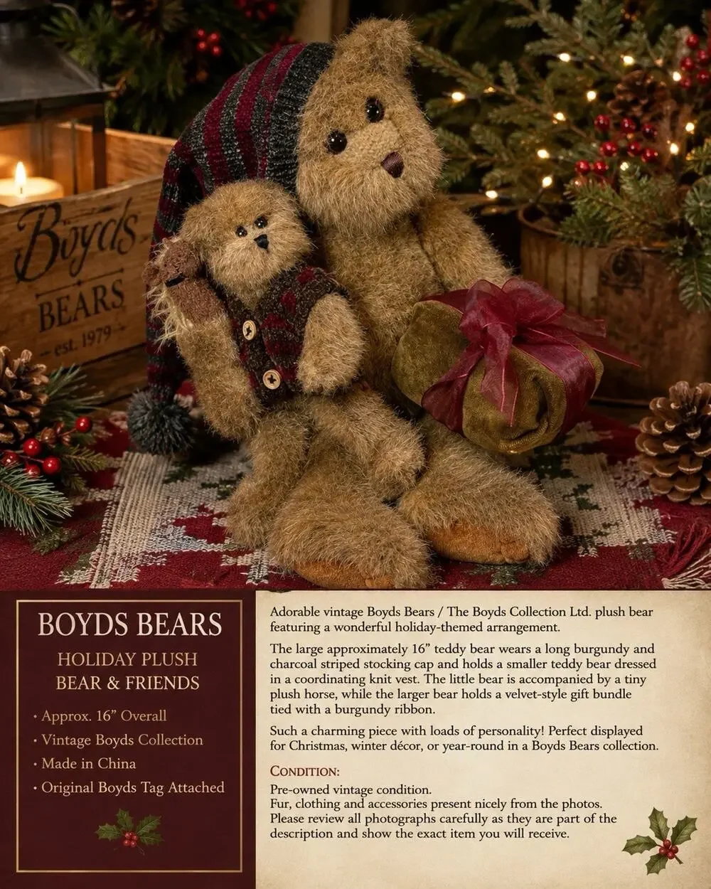 Boyds Bears Plush 16” Bear w Baby Teddy Horse Gift Bundle Christmas Holiday